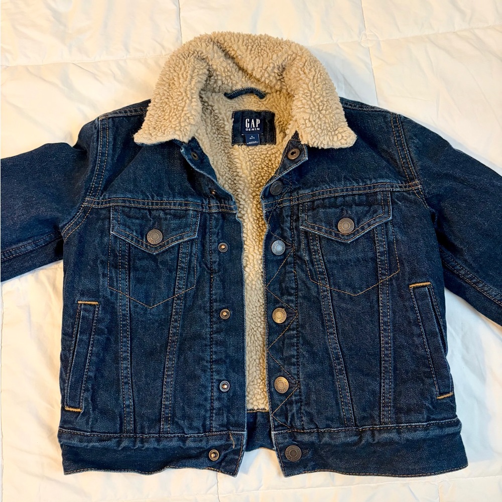 GAP Kids Dark Blue Denim Jacket with Cream Sherpa